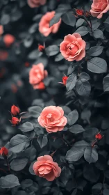 Coral Roses Bloom Against Slate Darkness.