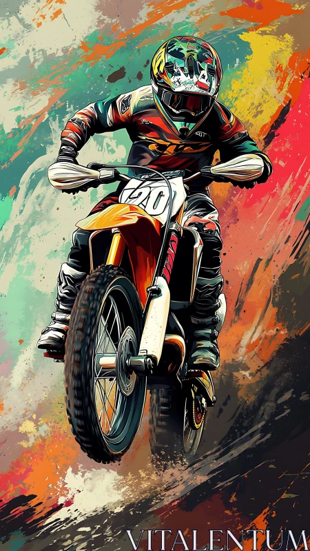 Dynamic motocross rider in high-impact digital painting poster.