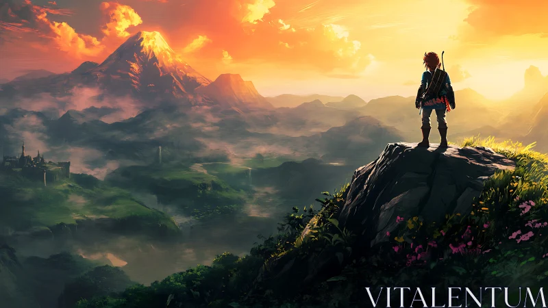 Heroic adventurer surveys a vast fantasy valley at sunrise