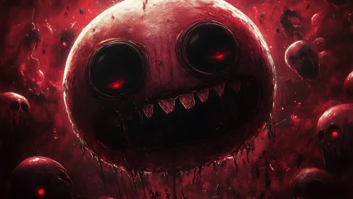 Grotesque red monster face with glowing eyes in darkness.