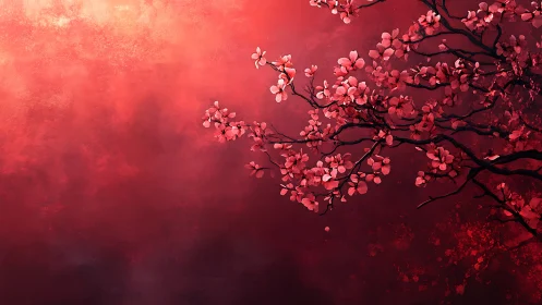 Red flowering tree branch on abstract textured background.