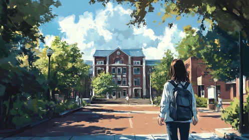 Student walking toward red brick academic campus building.