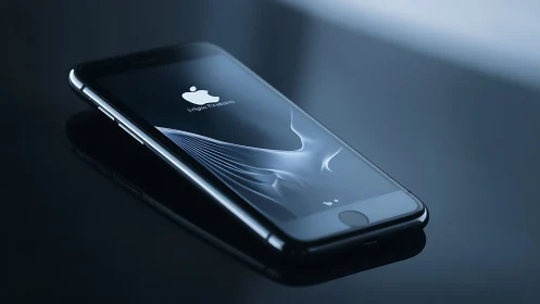 Black iPhone with luminous Apple logo against dark studio backdrop.