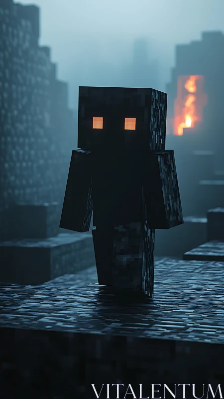 Pixel shadow figure stalks a misty blue cavern of firelight