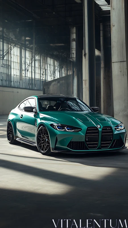 Green performance coupe is parked inside an empty warehouse