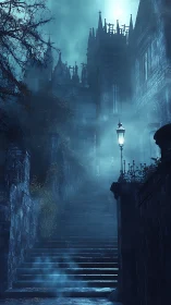 Foggy stone staircase leading to looming gothic castle.