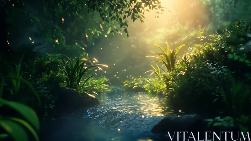 Volumetric dawn light over procedurally lush forest stream.