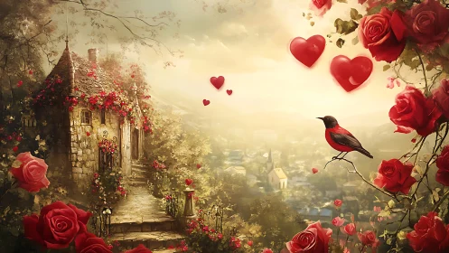 Romantic Fantasy Castle with Red Roses and Hearts