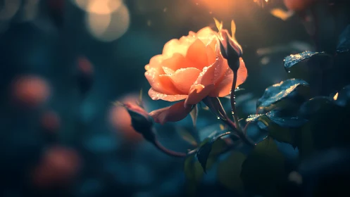 Orange rose with dew drops backlit in warm golden light