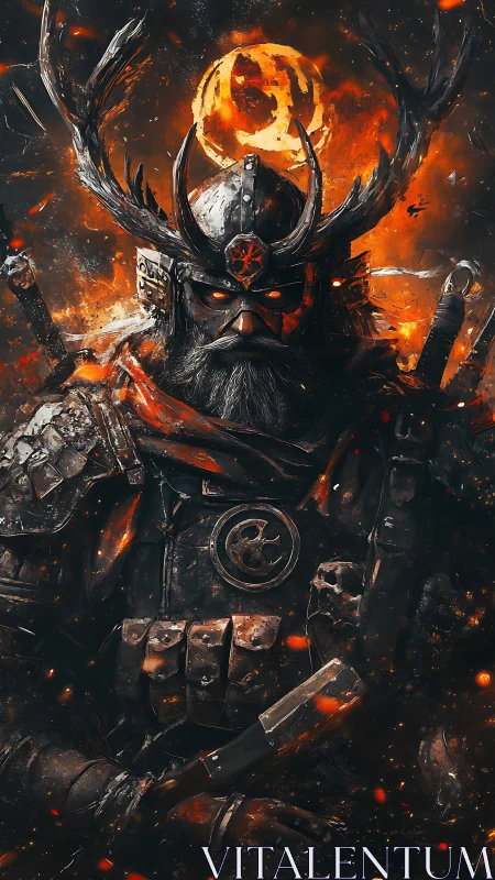 Armored antlered warlord stands amid infernal ember storm