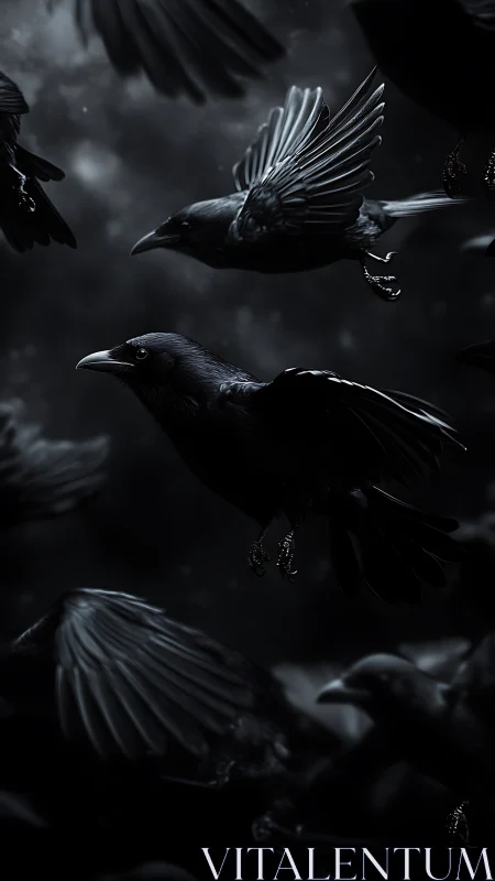 Flock of dark crows in flight against shadowed background.