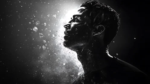 Exploding profile portrait of man in stark monochrome light.