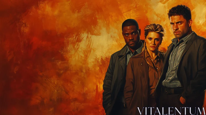 Grit-forged detectives blaze against molten orange storm.