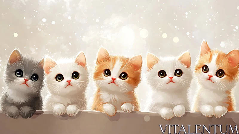 Five stylized kittens in linear arrangement against neutral background.