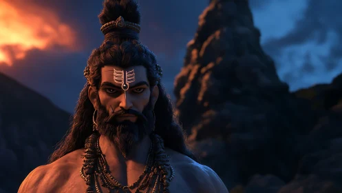 Mythic warrior sage in dusk-lit mountains, high-detail 3D render