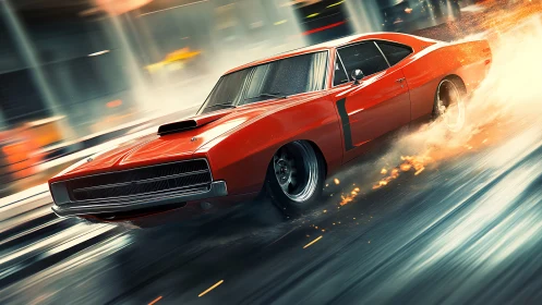 High-speed muscle car drift with dynamic motion blur and sparks