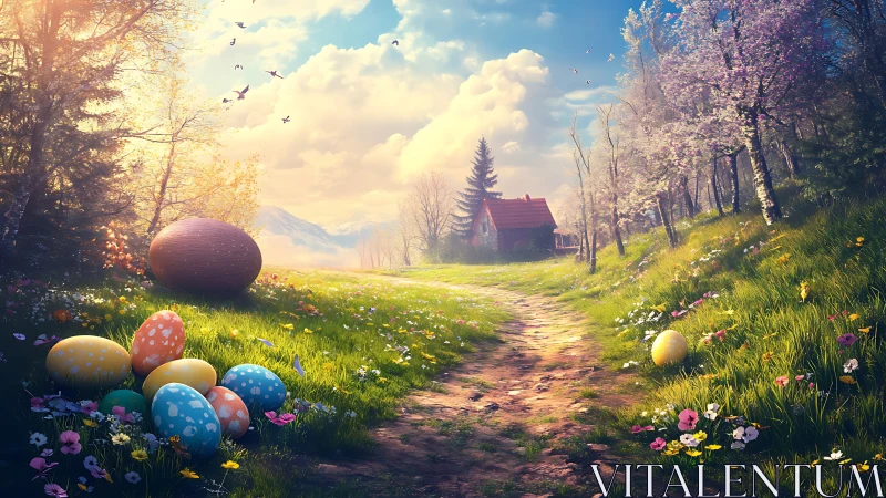 Spring forest path with oversized Easter eggs under warm backlight