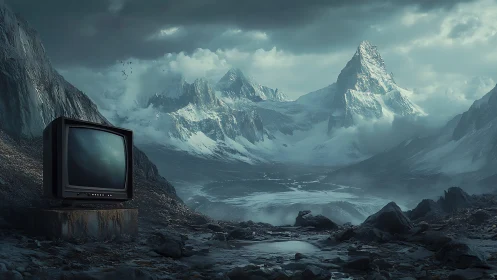 CRT television in desolate snowcapped mountain valley.