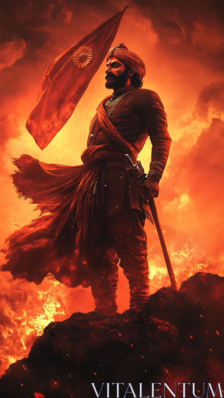 Warrior leader stands against inferno in high-contrast digital art
