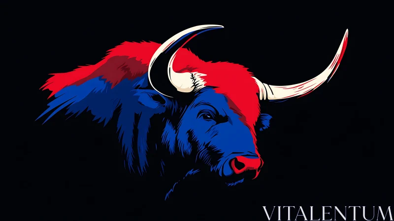 Bold stylized bull head in red and blue on black background.