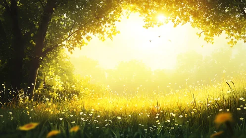 Sunlit meadow edge is rendered with diffuse backlighting