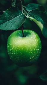 Rain-kissed green apple hovers like a lantern in leaves