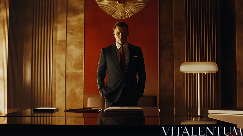 Power-broker in gilded boardroom under imperial emblem.