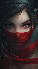 Masked warrior portrait with crimson scarf and icy gaze.