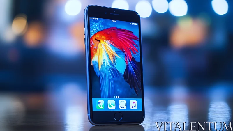 Smartphone with vivid fish wallpaper stands on reflective surface