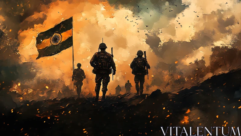 Indian soldiers advance through a burning battlefield at dusk
