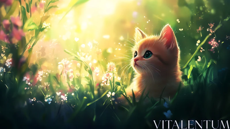 Juvenile Feline Subject Positioned in Wildflower Environment with Backlit Atmospheric Rendering