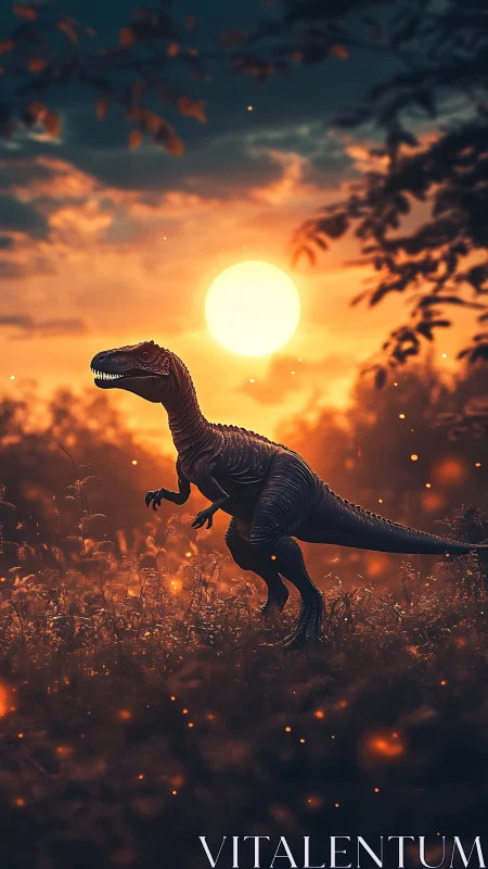 Sunset stalker raptor drifting through emberlit prehistory.