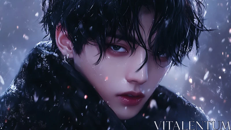 Brooding youth gazes through snowfall in moody close-up.