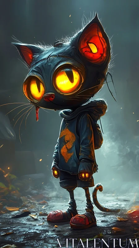 Cartoon cat character with glowing eyes stands in mist
