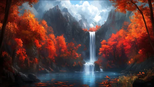 Crimson forest sanctuary crowned by silver veiled waterfalls.