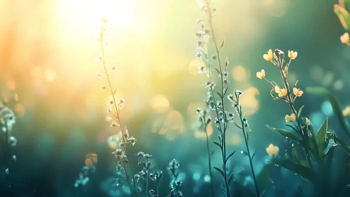 Sunrise whispers over dewlit wildflowers in soft bloom.