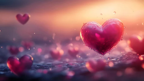 Luminescent Heart Forms Suspended in Prismatic Water Medium.