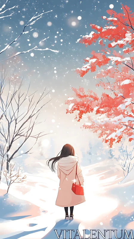 Girl in winter landscape with falling snow and red foliage.