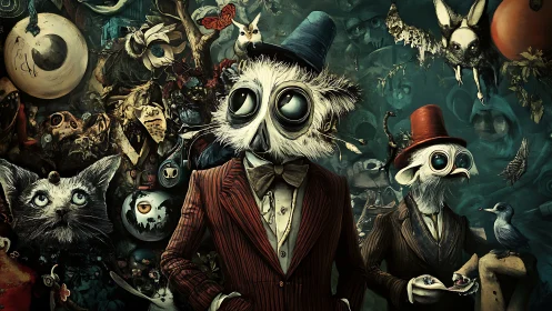 Surreal avian gentlemen amid baroque nocturnal menagerie.