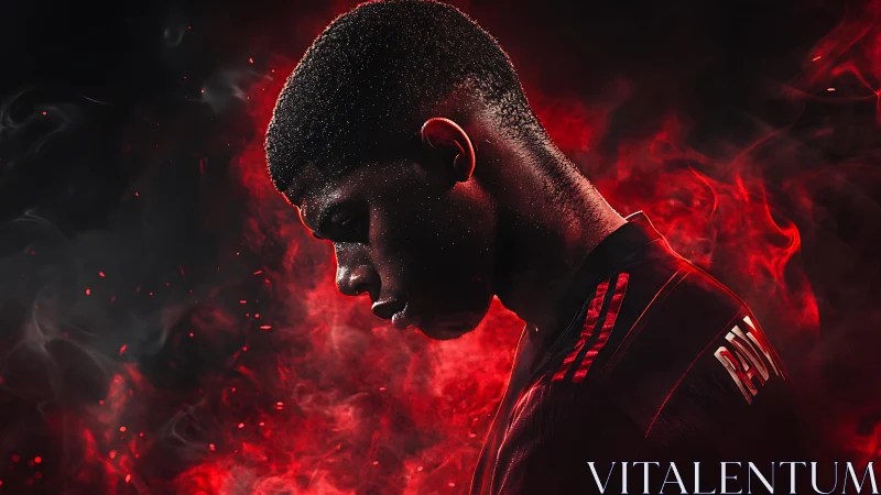 Brooding football icon carved in crimson electric smoke.