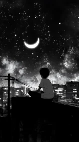 Rooftop dreamer balances city glow beneath a crescent sky
