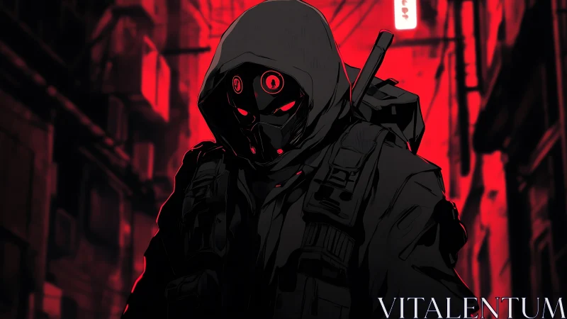 Cybernetic urban operative in hooded tactical exosuit stance.