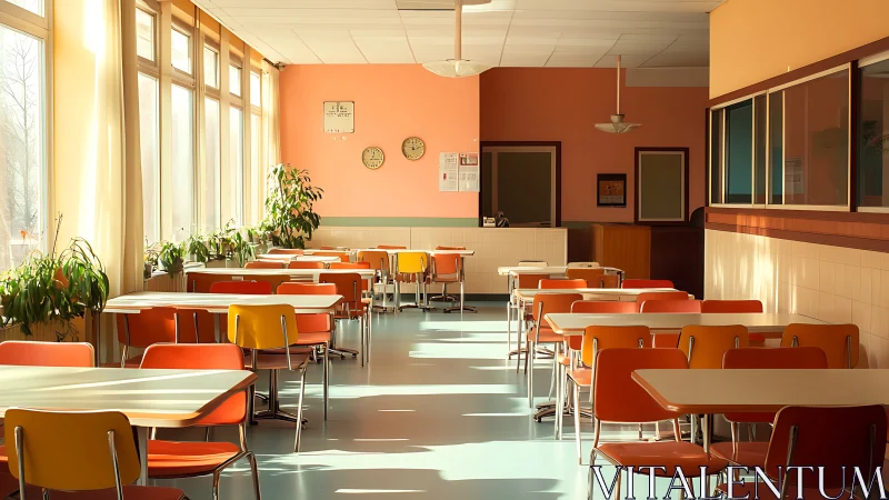 Sunlit retro cafeteria with pastel walls and orange chairs.