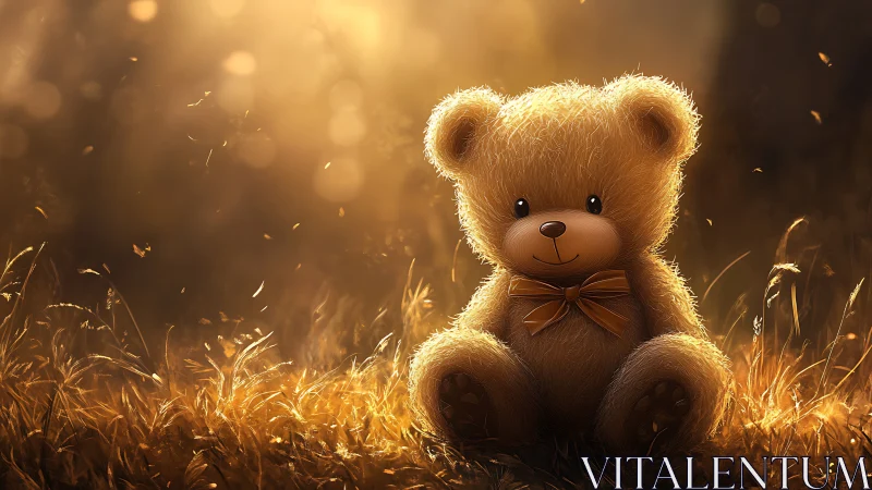 Sunlit teddy bear resting softly in a golden meadow glow.