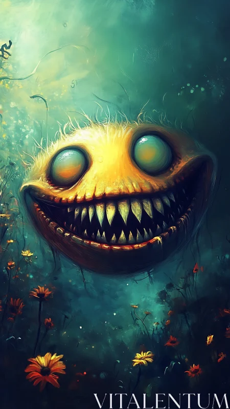 Spherical creature with exaggerated teeth floats over wildflowers