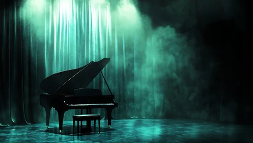 Grand piano under teal stage spotlights with atmospheric fog diffusion