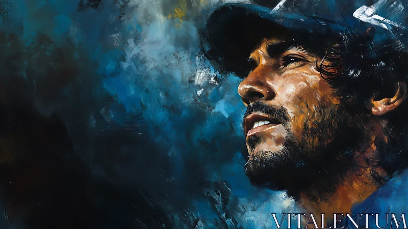 Bearded man in cap painted against abstract blue field.