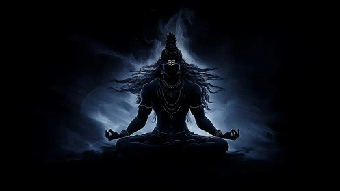 Silhouetted meditating figure is centered in diffuse blue light