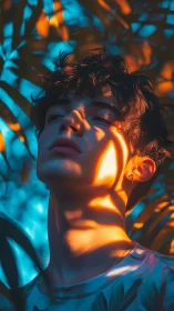 Sunlit daydreamer resting beneath glowing tropical leaves.