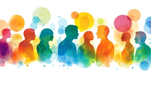 Colorful silhouettes illustrate collaborative group dialogue